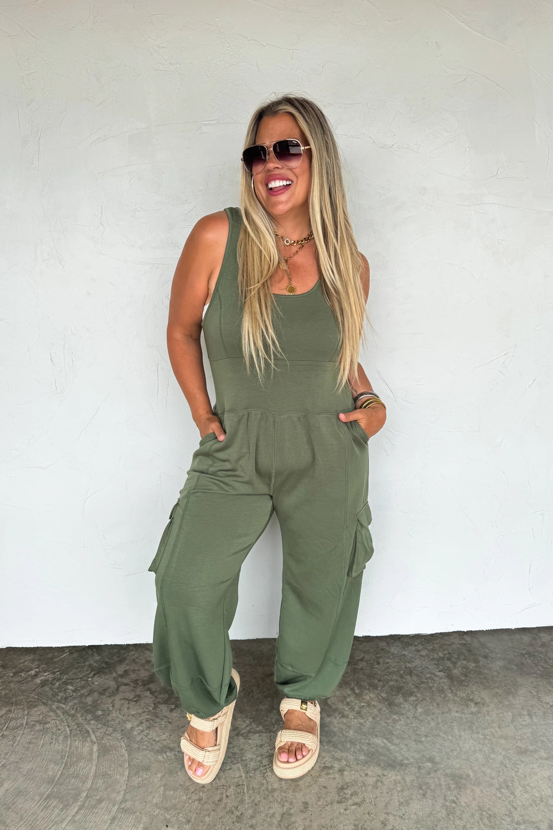 ALL SET TANK ROMPERBoho Tank Romper – Soft Stretch Fabric – Scoop Neck – Side & Cargo Pockets – Casual Utility One-Piece - The Elevated Hippie