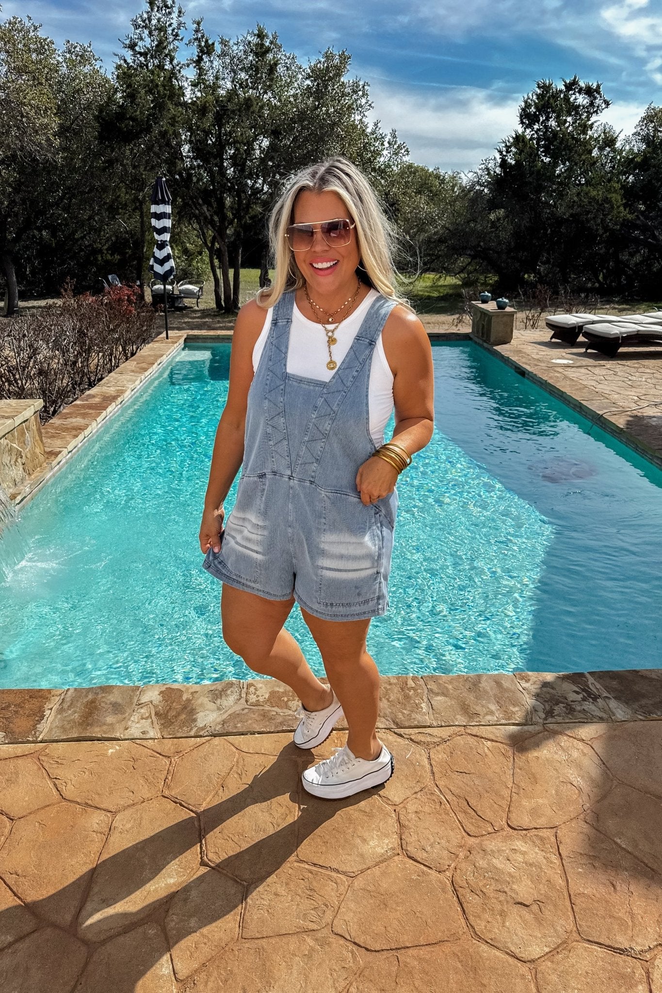 Daydream Denim Romper – V-Neck Stretch Jogger Style Romper with Pockets - The Elevated Hippie