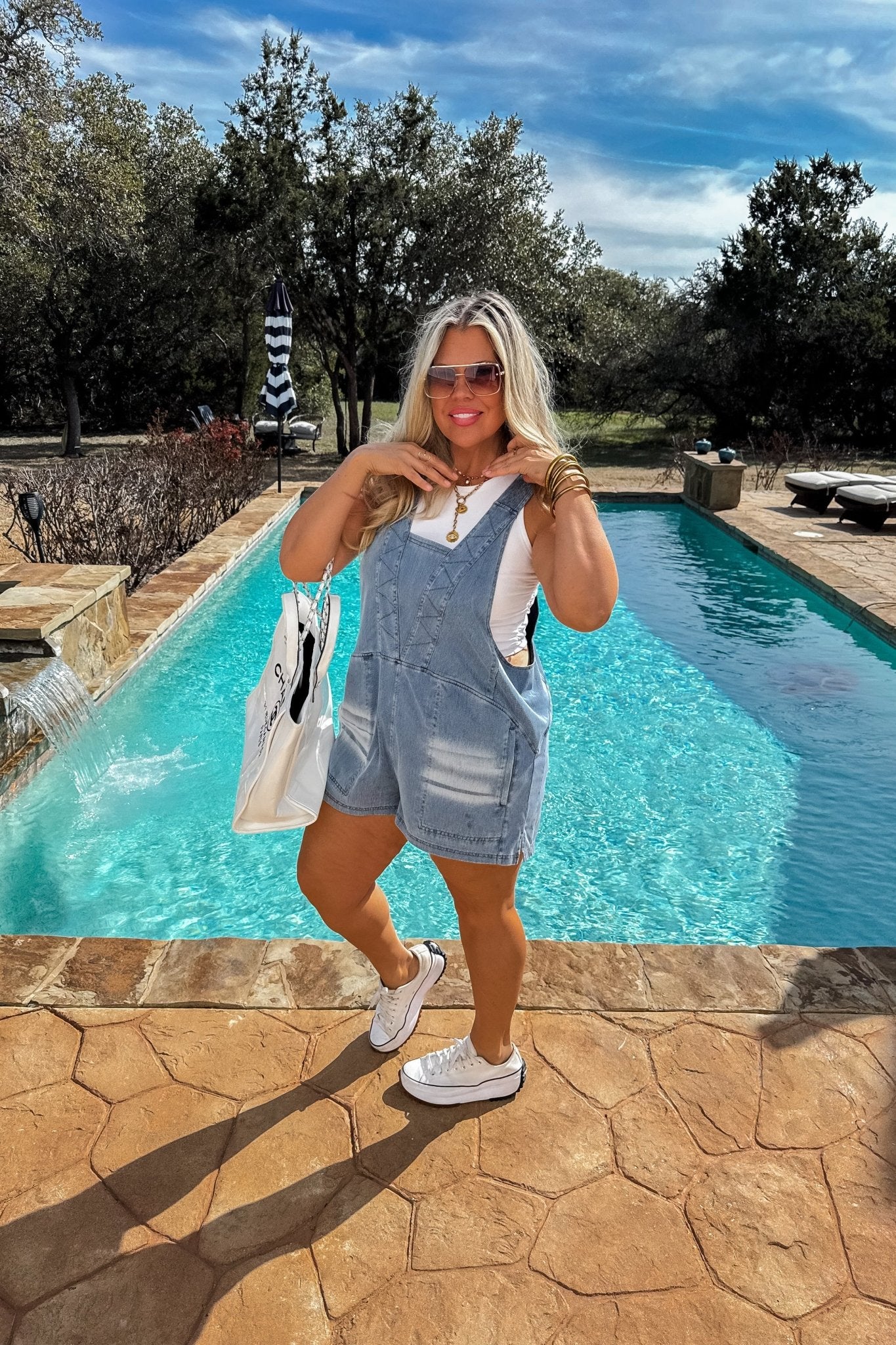 Daydream Denim Romper – V-Neck Stretch Jogger Style Romper with Pockets - The Elevated Hippie