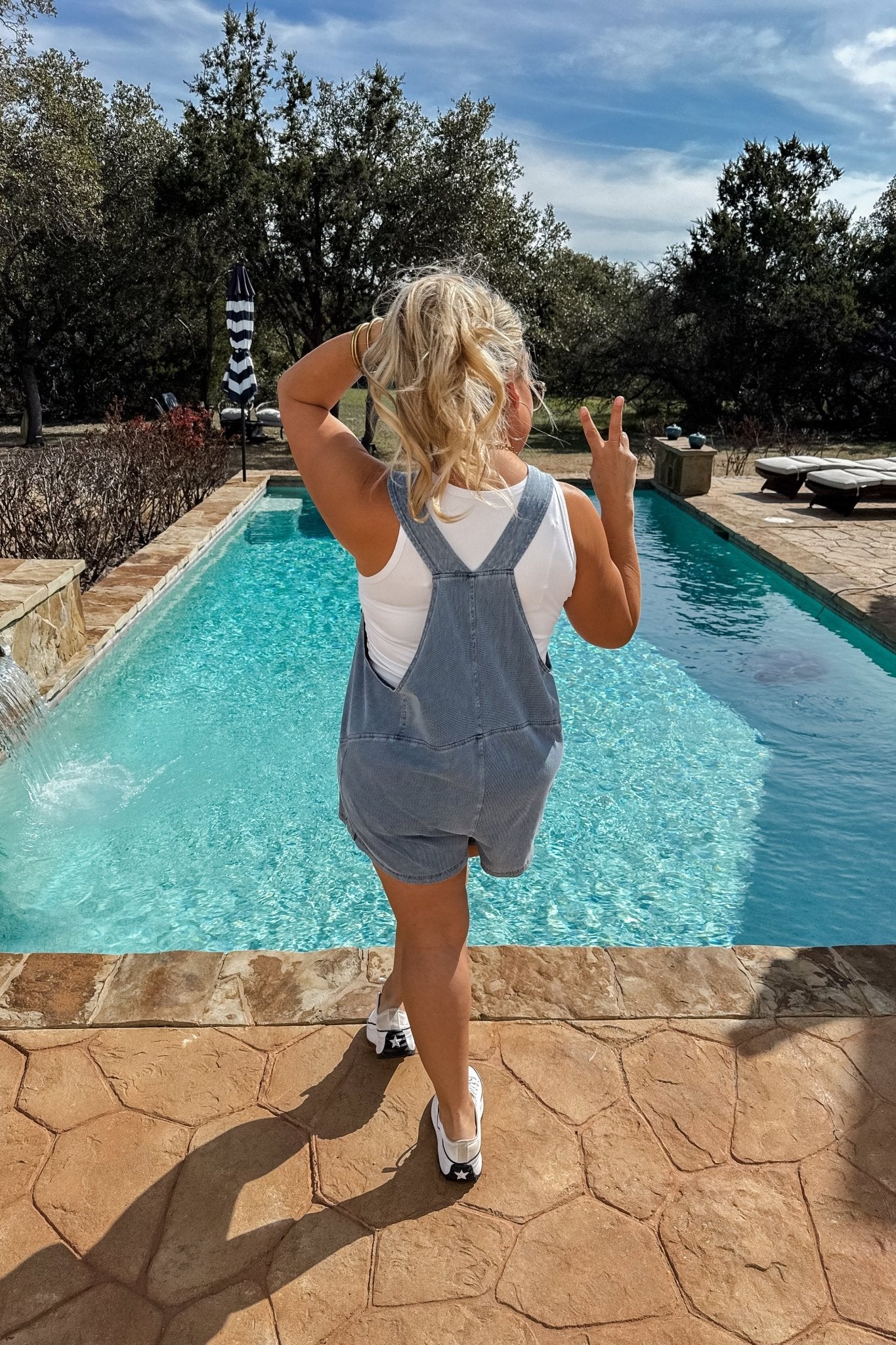 Daydream Denim Romper – V-Neck Stretch Jogger Style Romper with Pockets - The Elevated Hippie