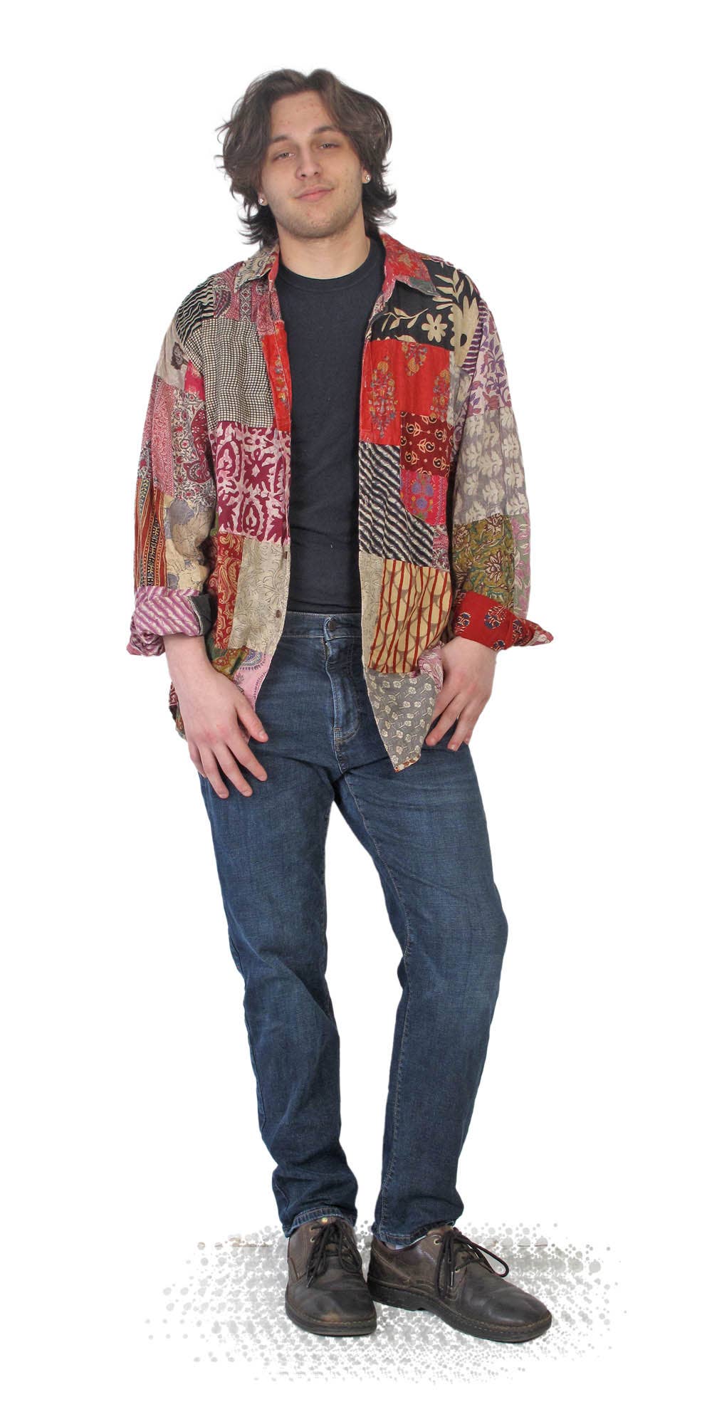 Men’s Patchwork Cotton Shirt – Long Sleeve Boho Style, One-of-a-Kind - The Elevated Hippie