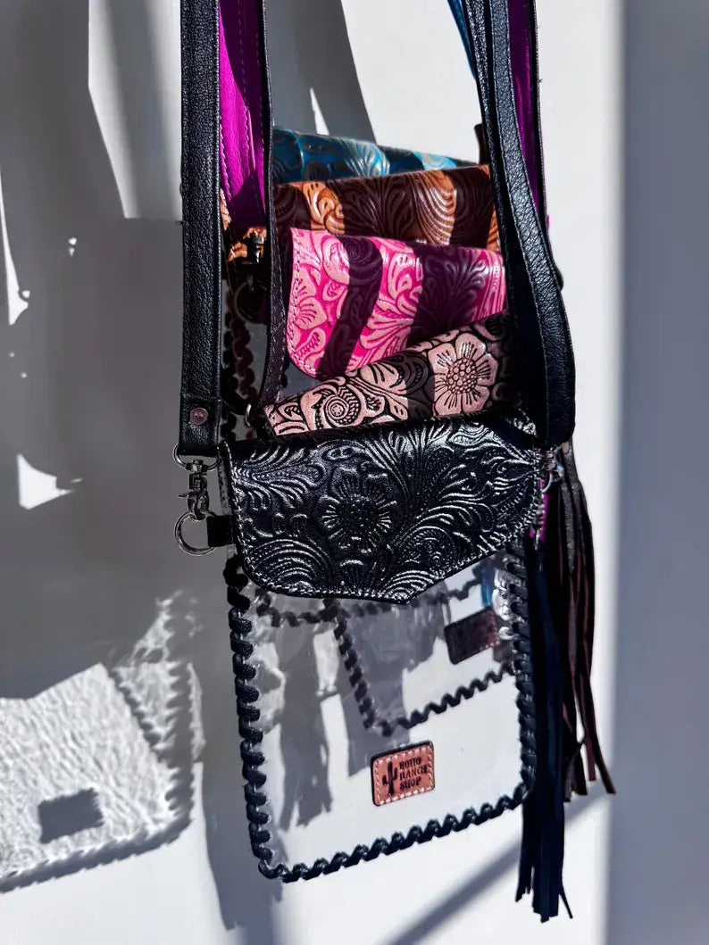 Phone Clear Crossbody Western Tooled Leather Mobile Purse - The Elevated Hippie