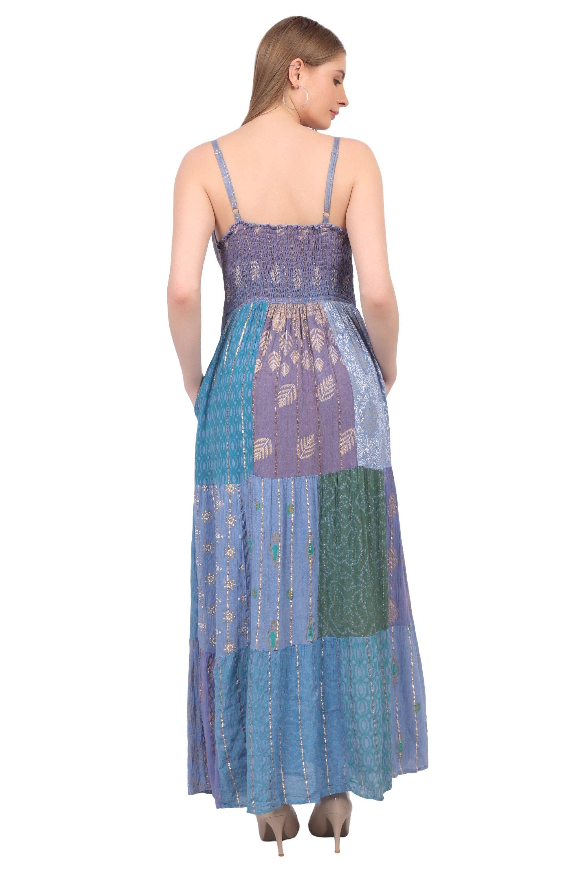 26428 Bohemian Patchwork Maxi Dress – Blue Multi Print Halter Dress boho clothing, festival outfit, hippie style apparel | Elevated Hippie