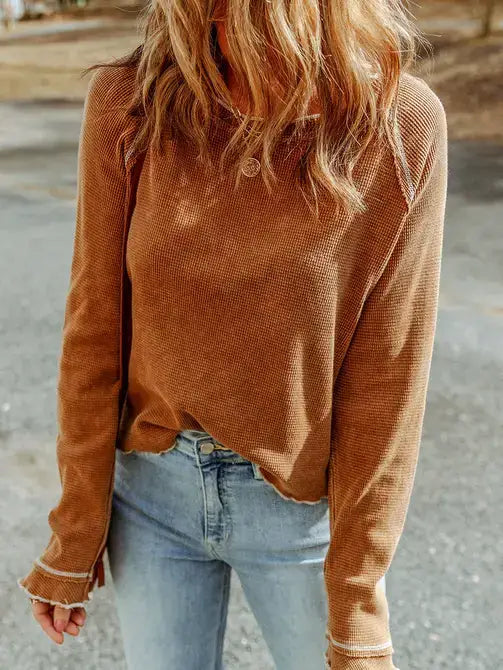 Lovesoft Textured Round Neck Long Sleeve Knit Top – Green boho clothing, festival outfit, hippie style apparel | Elevated Hippie