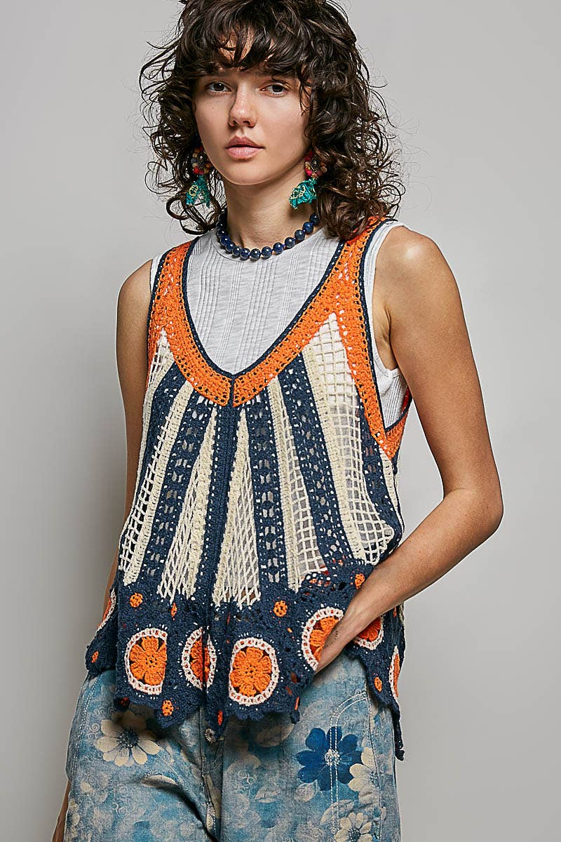 V-Neck Sleeveless Scalloped Edge Stripe Border Crochet Top boho clothing, festival outfit, hippie style apparel | Elevated Hippie