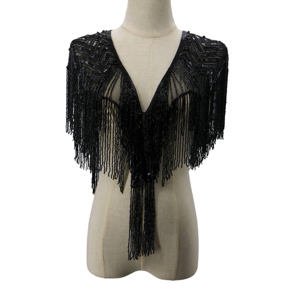 8859 - Black Beaded Shawl, Chevron Pattern boho clothing, festival outfit, hippie style apparel | Elevated Hippie
