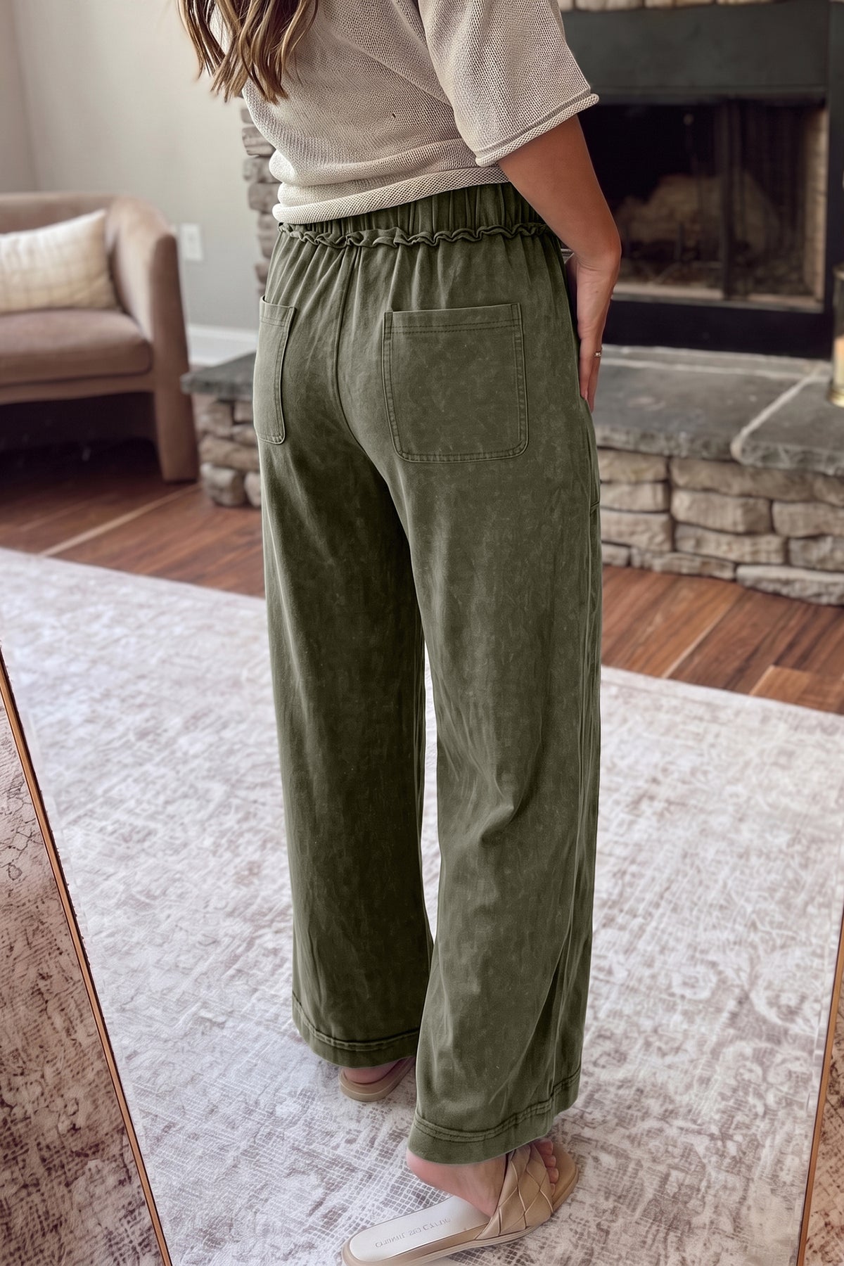 Jungle Green Mineral Wash Flare Leg Drawstring Pants