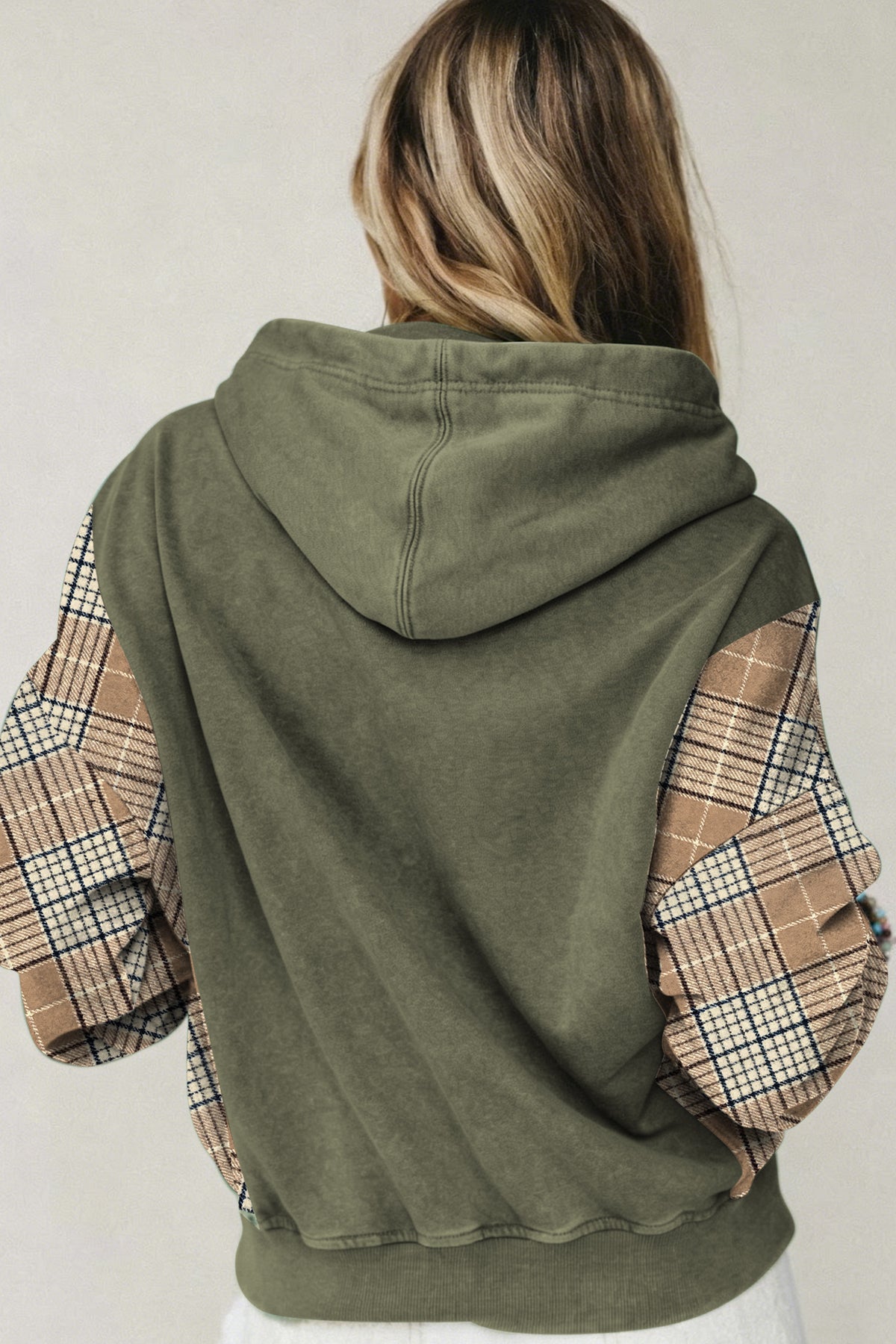 Plaid Sleeve Drawstring Hooded Sweatshirt - Moss Green