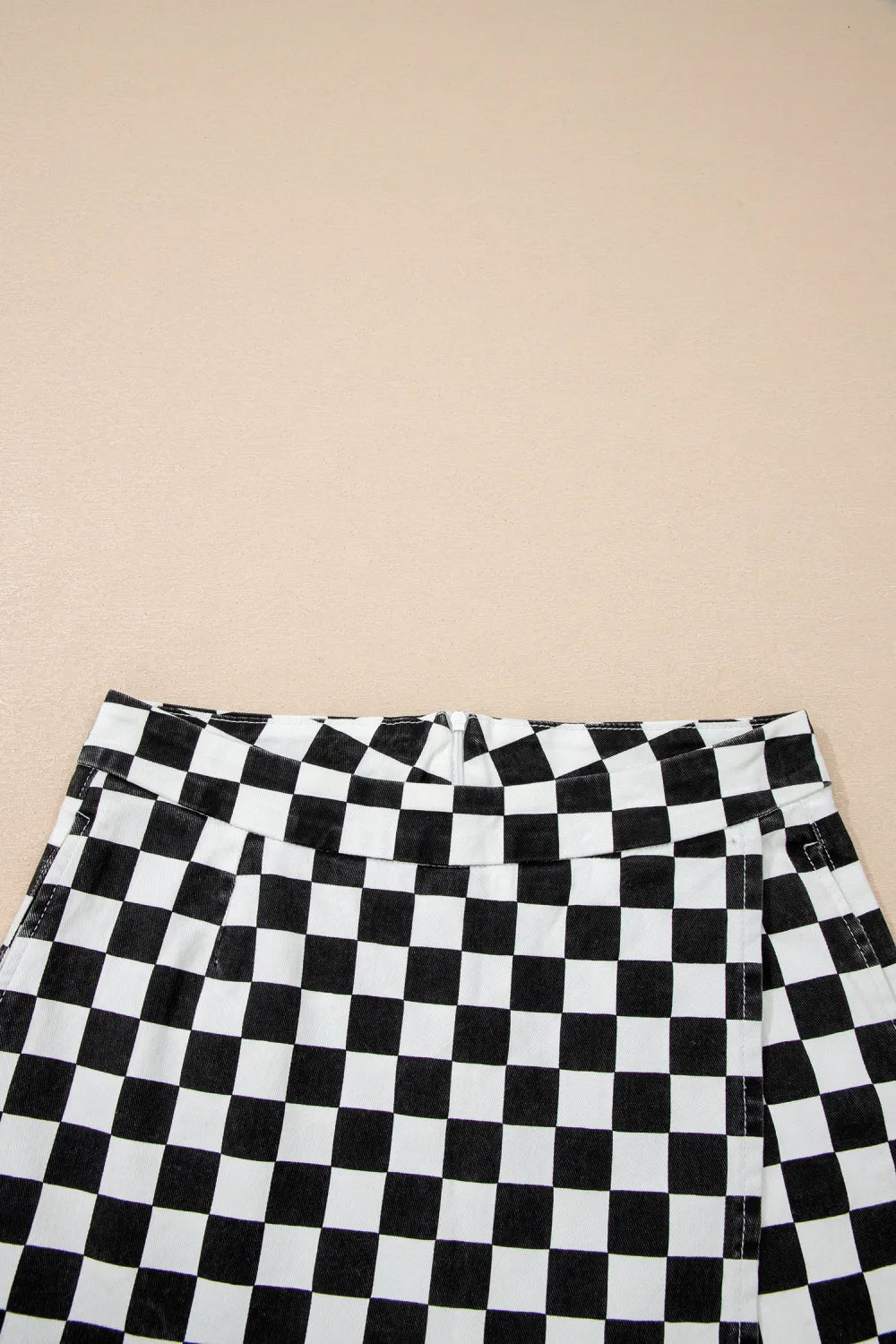 Black Checkered Print Overlap Denim Shorts boho clothing, festival outfit, hippie style apparel | Elevated Hippie