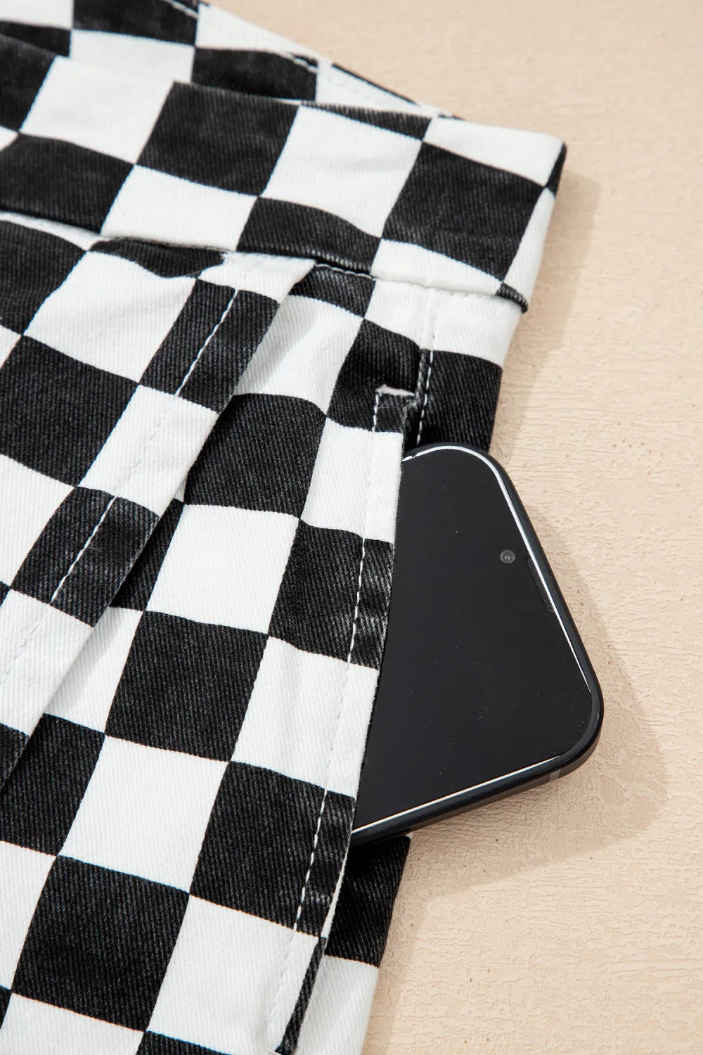 Black Checkered Print Overlap Denim Shorts boho clothing, festival outfit, hippie style apparel | Elevated Hippie