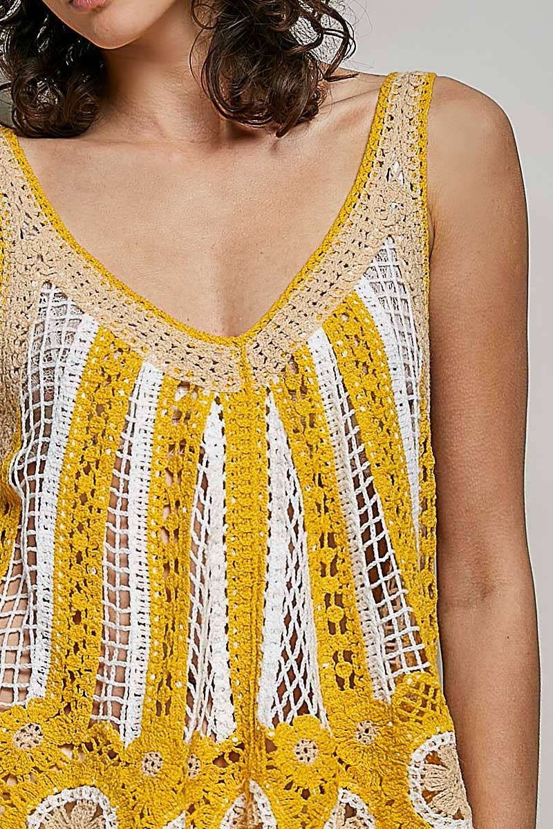 V-Neck Sleeveless Scalloped Edge Stripe Border Crochet Top boho clothing, festival outfit, hippie style apparel | Elevated Hippie