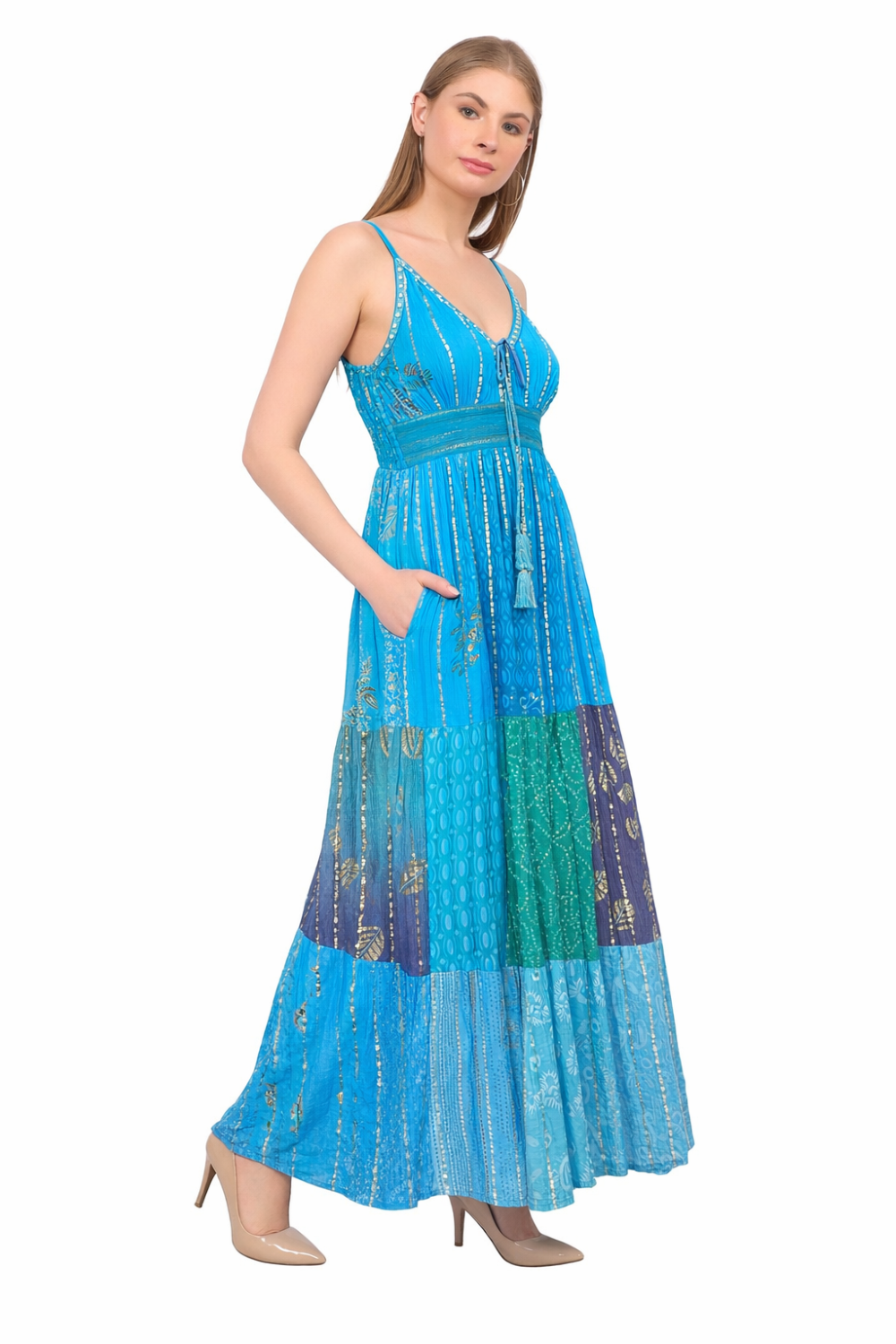 26428 Bohemian Patchwork Maxi Dress – Blue Multi Print Halter Dress boho clothing, festival outfit, hippie style apparel | Elevated Hippie