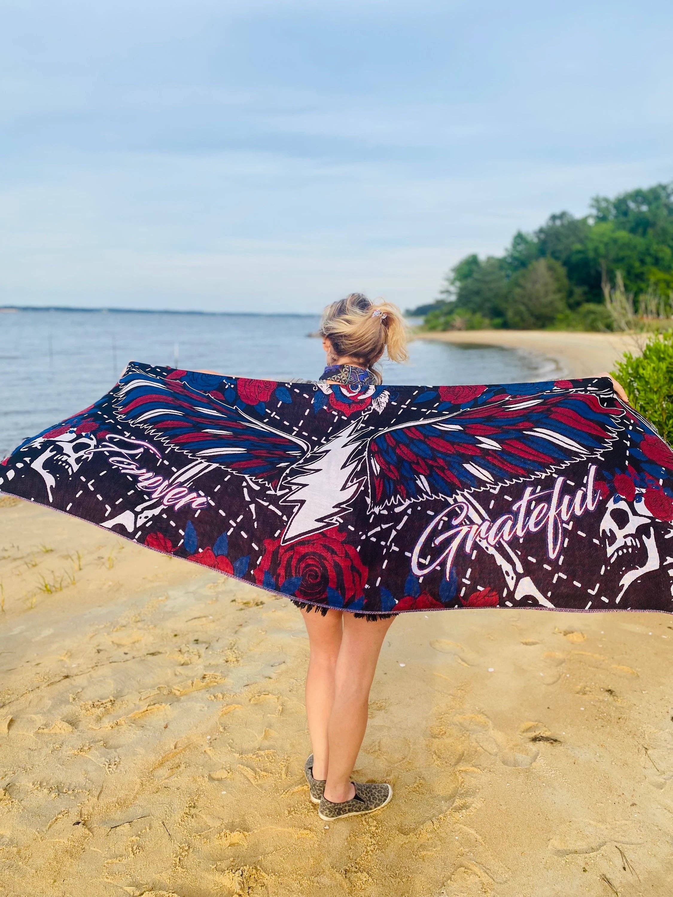 Forever Grateful Pashmina – Handcrafted Festival Fashion, Unique Artwork by Melanie & Justin Chamberlain, Double Ply Viscose Acrylic Scarf boho clothing, festival outfit, hippie style apparel | Elevated Hippie