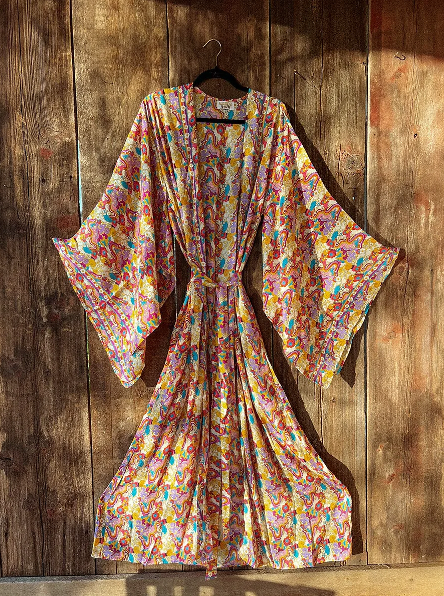 Rainbow Hippie Boho Psychedelic Kimono, Duster Robe boho clothing, festival outfit, hippie style apparel | Elevated Hippie