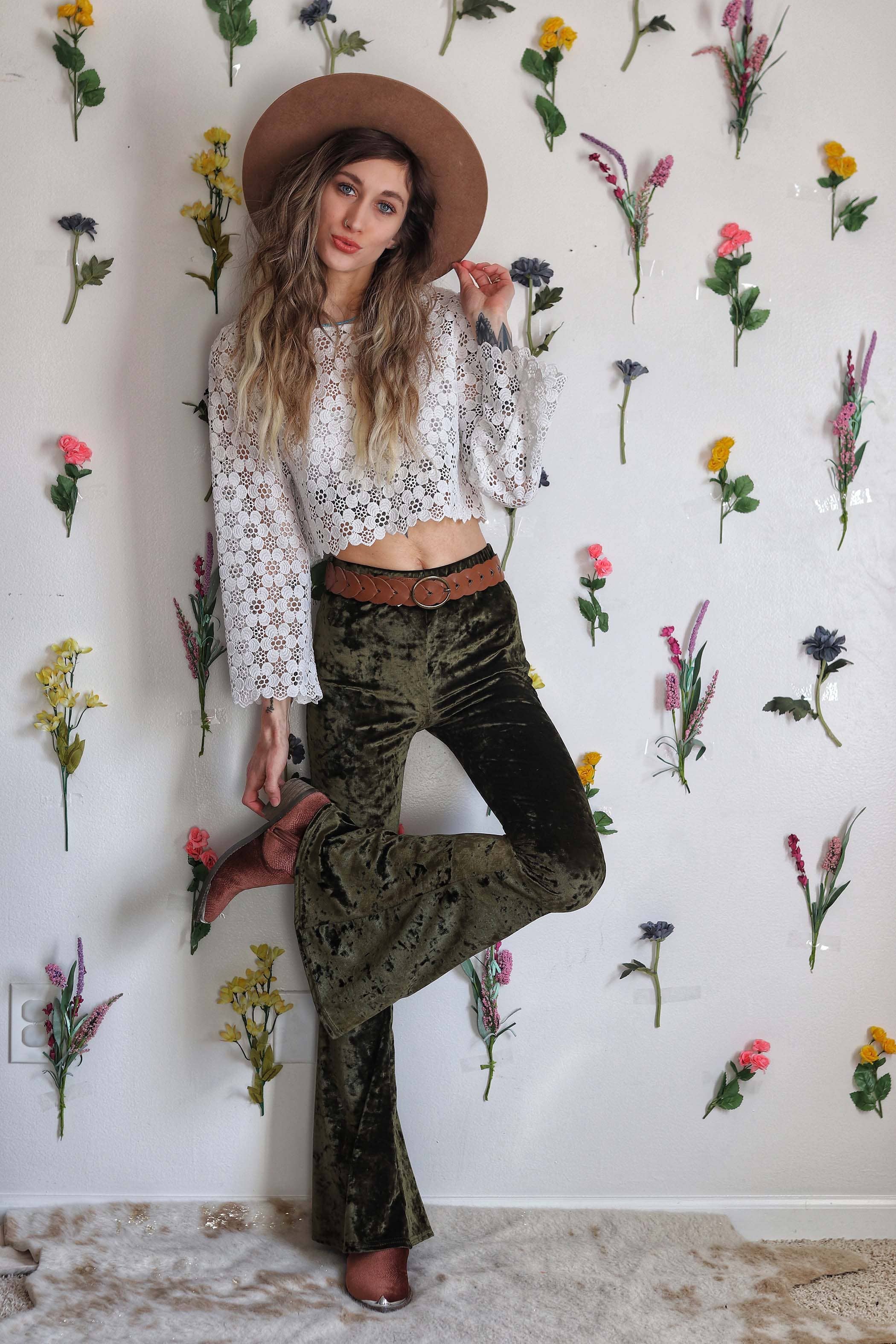Velvet Bell Bottoms - Olive - The Elevated Hippie