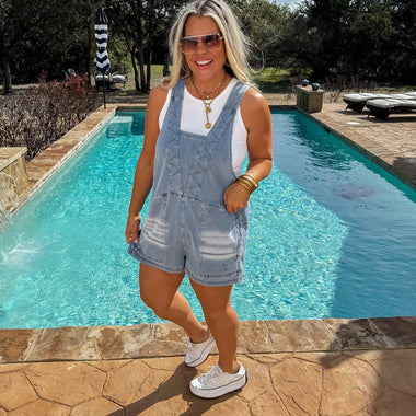 Daydream Denim Romper – V-Neck Stretch Jogger Style Romper with Pockets - The Elevated Hippie