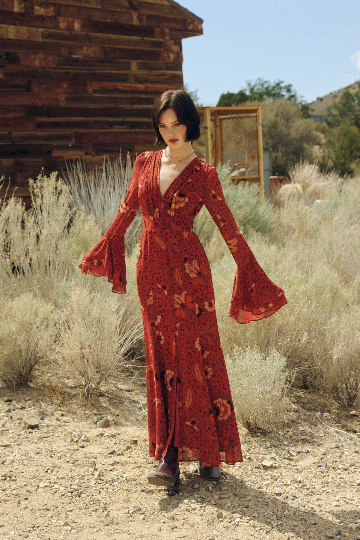 Harvest Mirage Ruffled Bell Sleeve Maxi Dress - The Elevated Hippie