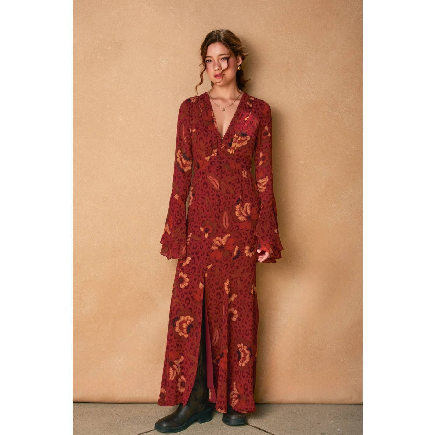 Harvest Mirage Ruffled Bell Sleeve Maxi Dress - The Elevated Hippie