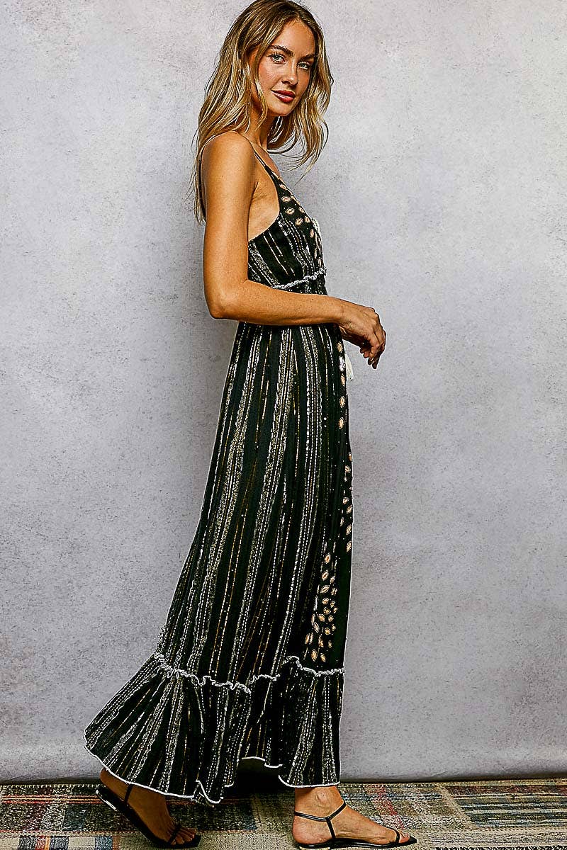 Deep V-Neck Tassel Ruffle Embroidered Trim Maxi Dress boho clothing, festival outfit, hippie style apparel | Elevated Hippie