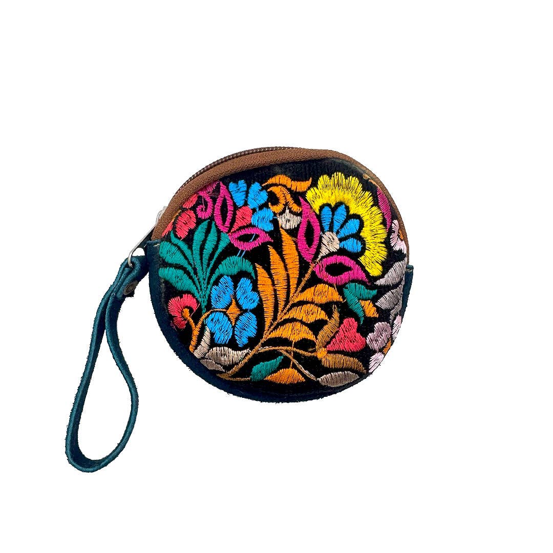 Round Embroidered Floral Leather "Bella" Coin Purse Pouch boho clothing, festival outfit, hippie style apparel | Elevated Hippie