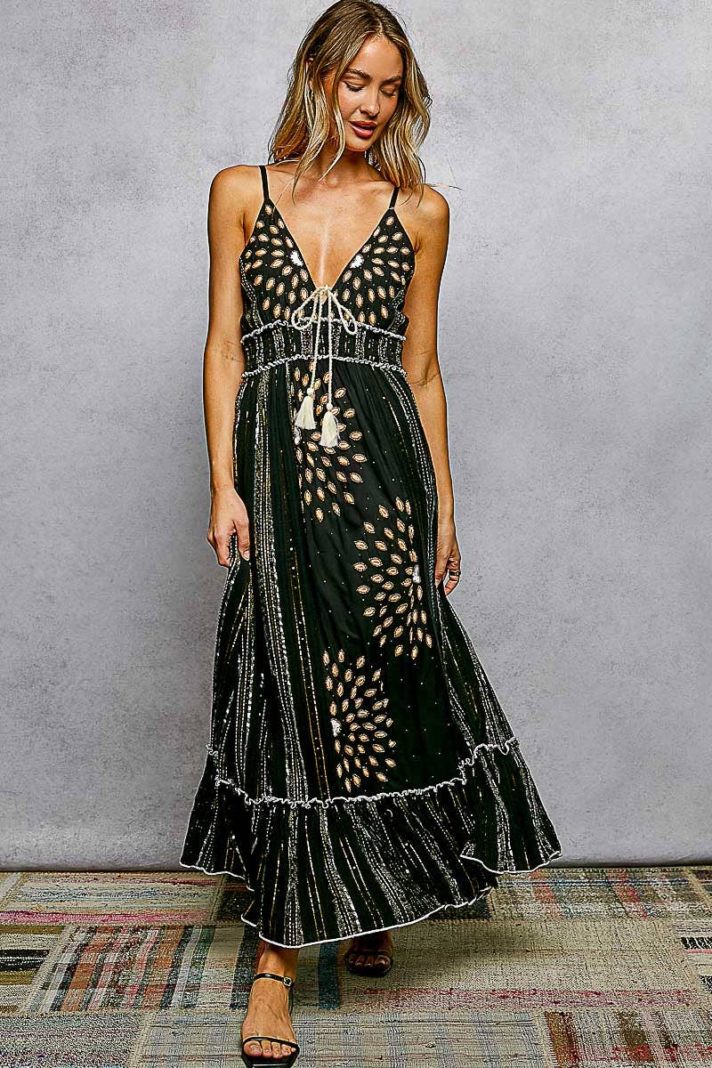Deep V-Neck Tassel Ruffle Embroidered Trim Maxi Dress boho clothing, festival outfit, hippie style apparel | Elevated Hippie