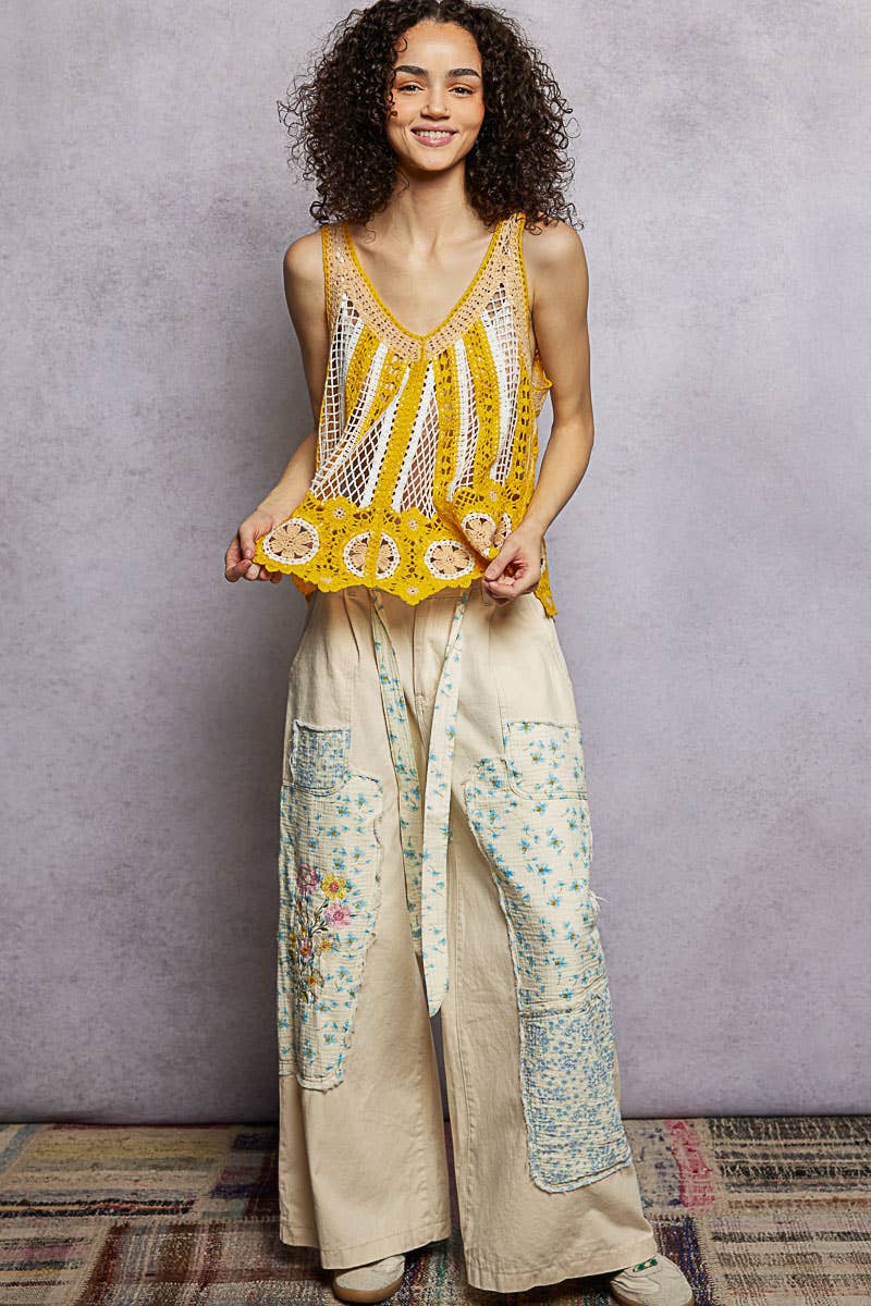 V-Neck Sleeveless Scalloped Edge Stripe Border Crochet Top boho clothing, festival outfit, hippie style apparel | Elevated Hippie