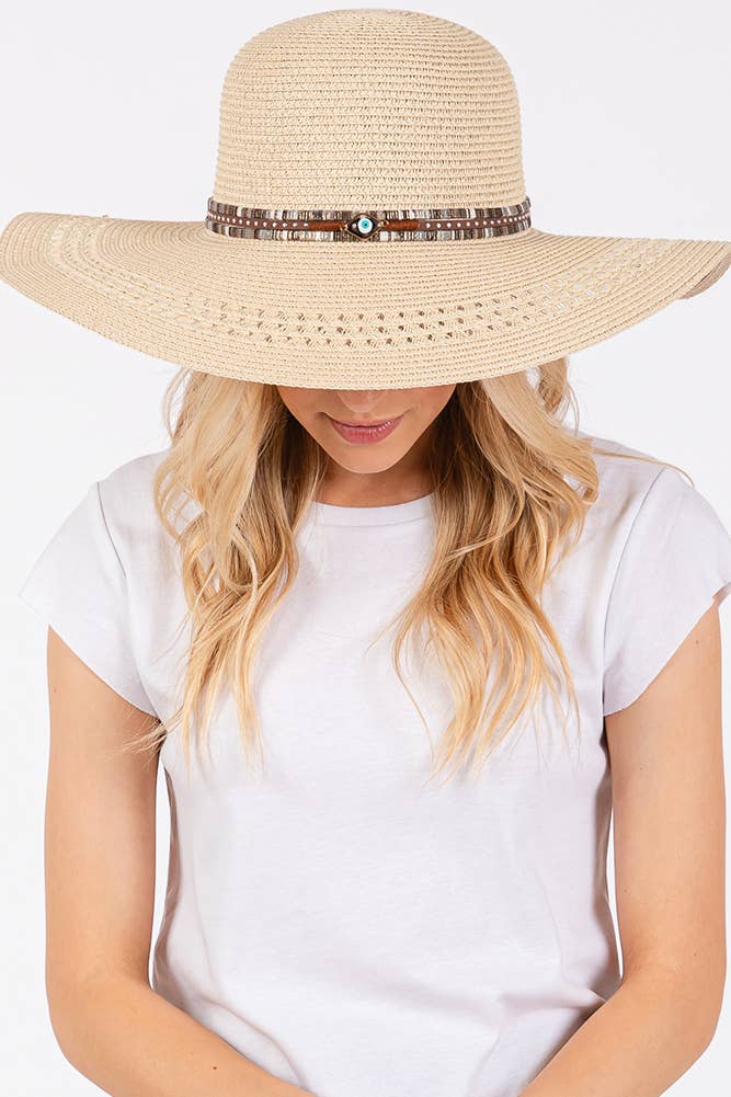 Evil Eye and Multi Design Band Wide Brim Straw Hat boho clothing, festival outfit, hippie style apparel | Elevated Hippie