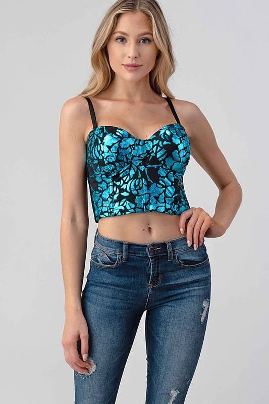 Metallic Shine Floral Printed Crop Top boho clothing, festival outfit, hippie style apparel | Elevated Hippie
