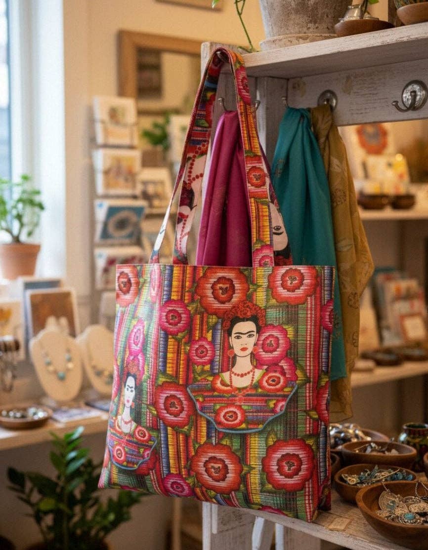Boho Vintage-Inspired Frida Luxe Canvas Shoulder Tote Bag boho clothing, festival outfit, hippie style apparel | Elevated Hippie