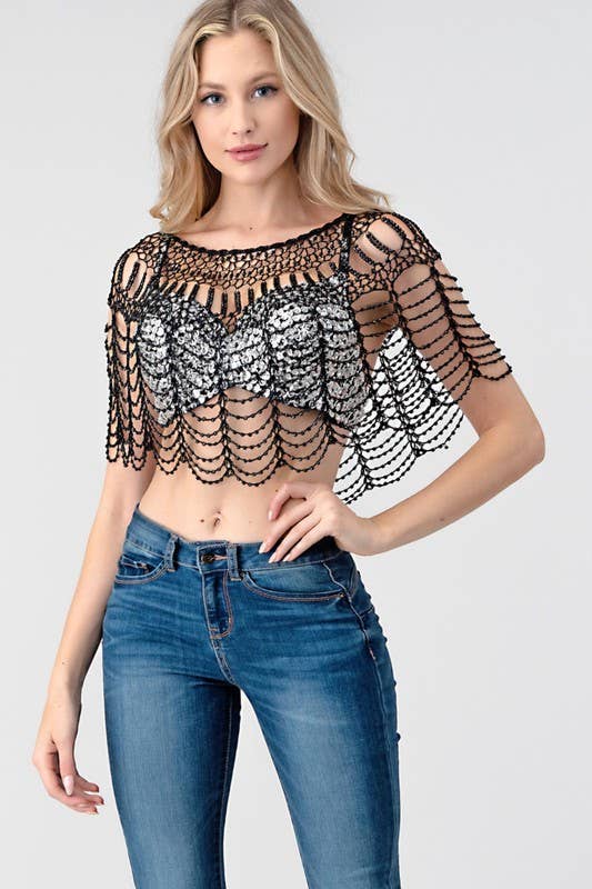 Sexy Metallic Beaded Shawl Crochet Poncho boho clothing, festival outfit, hippie style apparel | Elevated Hippie