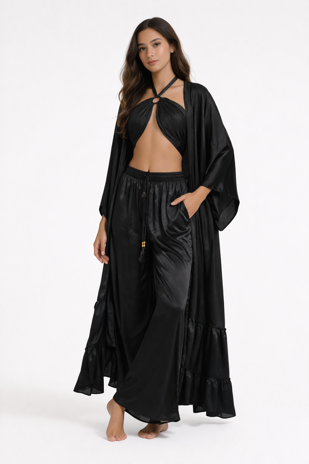 Pants,Top & Long kimono Set- Case in mixed Solid colors boho clothing, festival outfit, hippie style apparel | Elevated Hippie