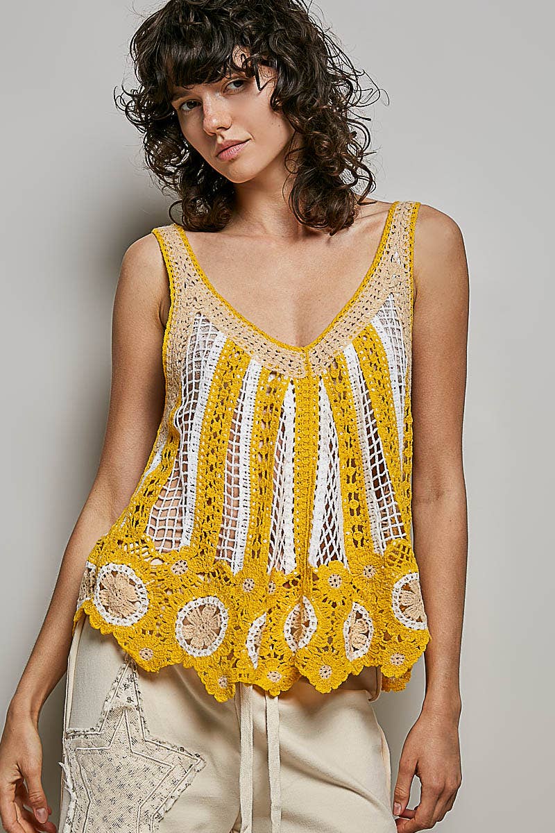 V-Neck Sleeveless Scalloped Edge Stripe Border Crochet Top boho clothing, festival outfit, hippie style apparel | Elevated Hippie