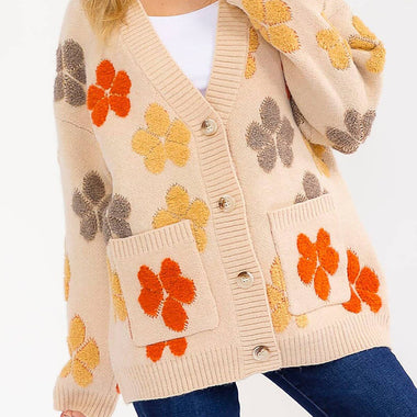 FLORAL DETAIL POCKETS BUTTON DOWN SWEATER CARDIGAN