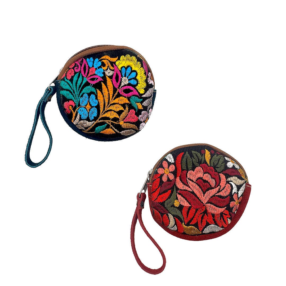 Round Embroidered Floral Leather "Bella" Coin Purse Pouch boho clothing, festival outfit, hippie style apparel | Elevated Hippie