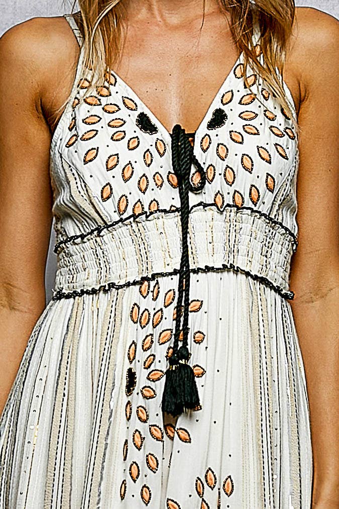 Deep V-Neck Tassel Ruffle Embroidered Trim Maxi Dress boho clothing, festival outfit, hippie style apparel | Elevated Hippie