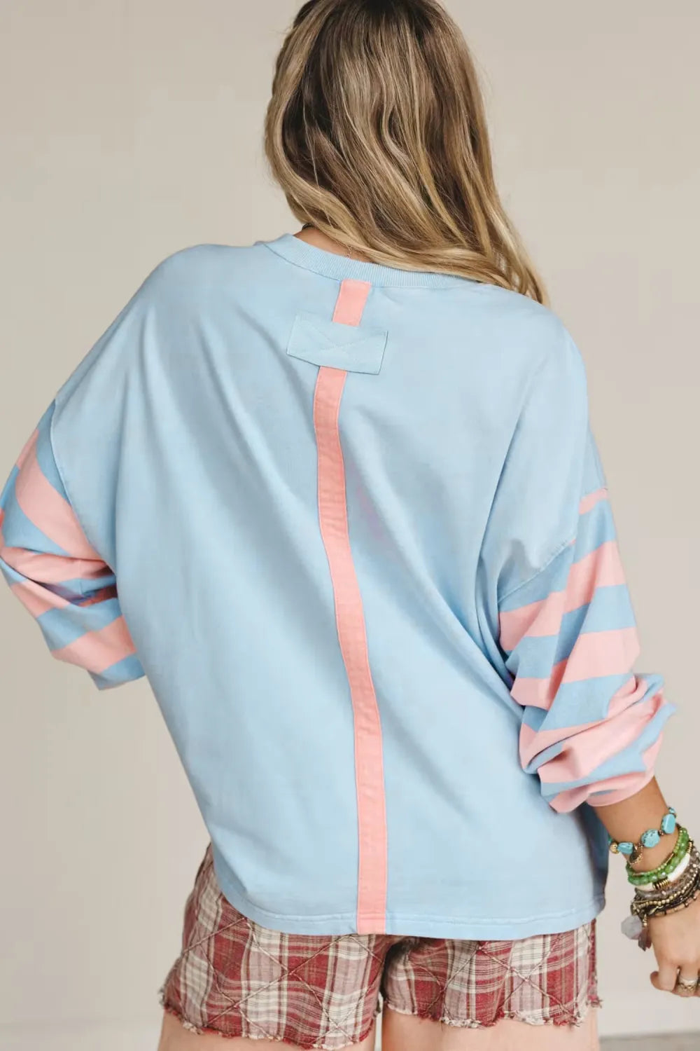 Women’s Beau Blue Striped Long Sleeve Top – Flower Patch Drop Shoulder Knit Shirt boho clothing, festival outfit, hippie style apparel | Elevated Hippie