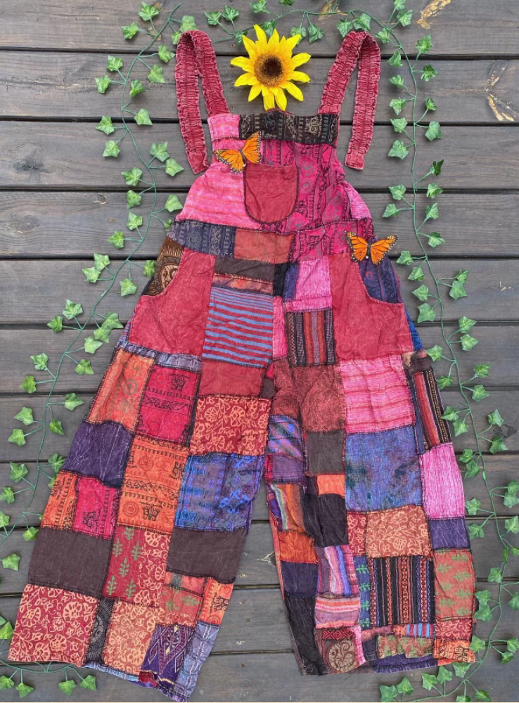 Hippie Bohemian Patchwork Overalls, Wide Leg Dungarees - The Elevated Hippie