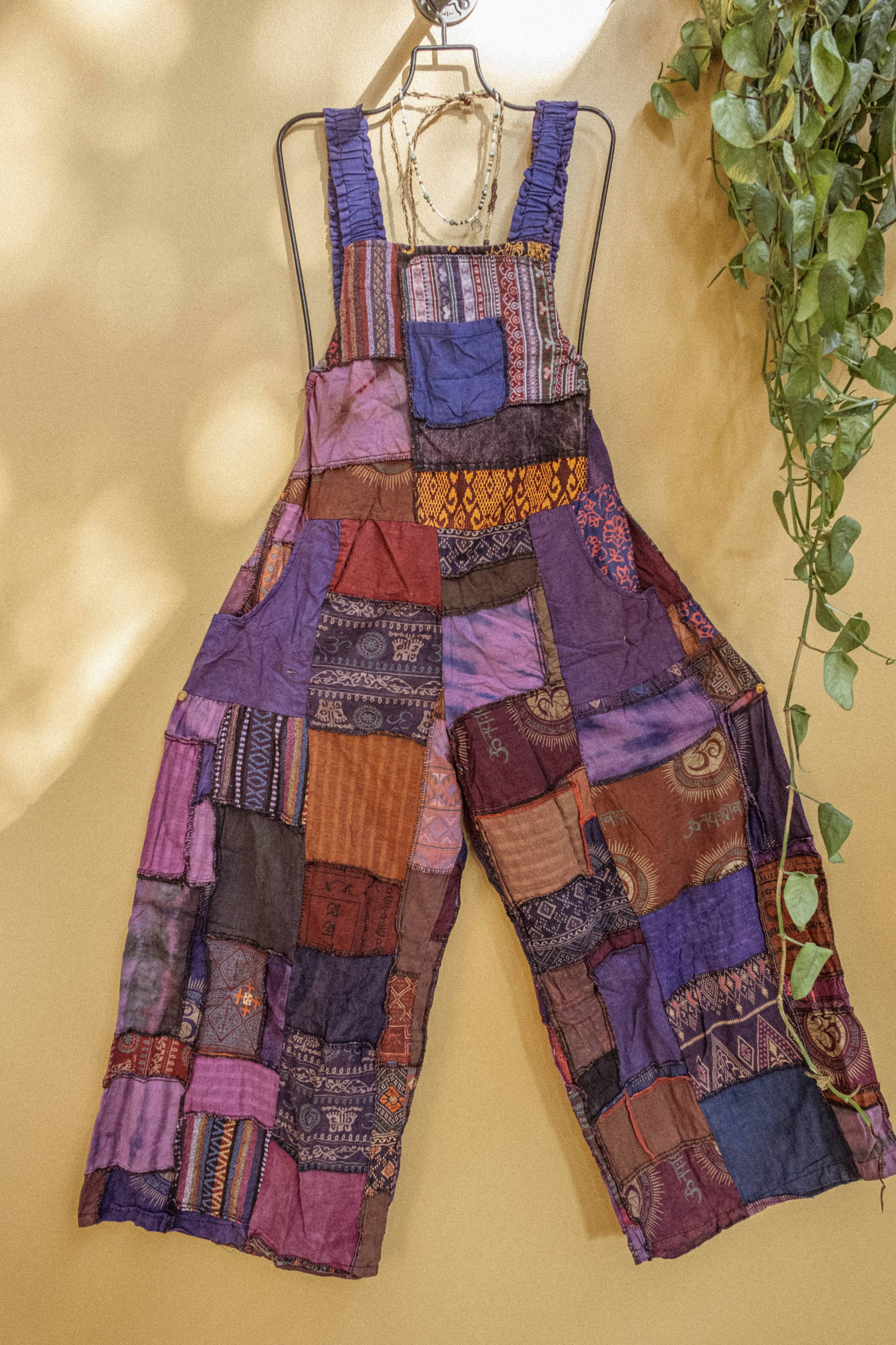 Hippie Bohemian Patchwork Overalls, Wide Leg Dungarees - The Elevated Hippie
