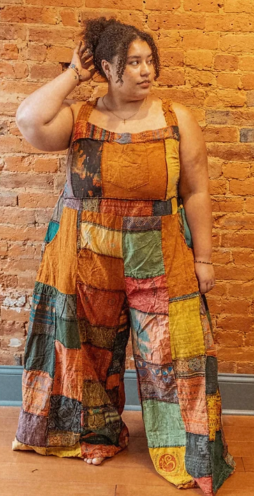 Hippie Bohemian Patchwork Overalls, Wide Leg Dungarees - The Elevated Hippie