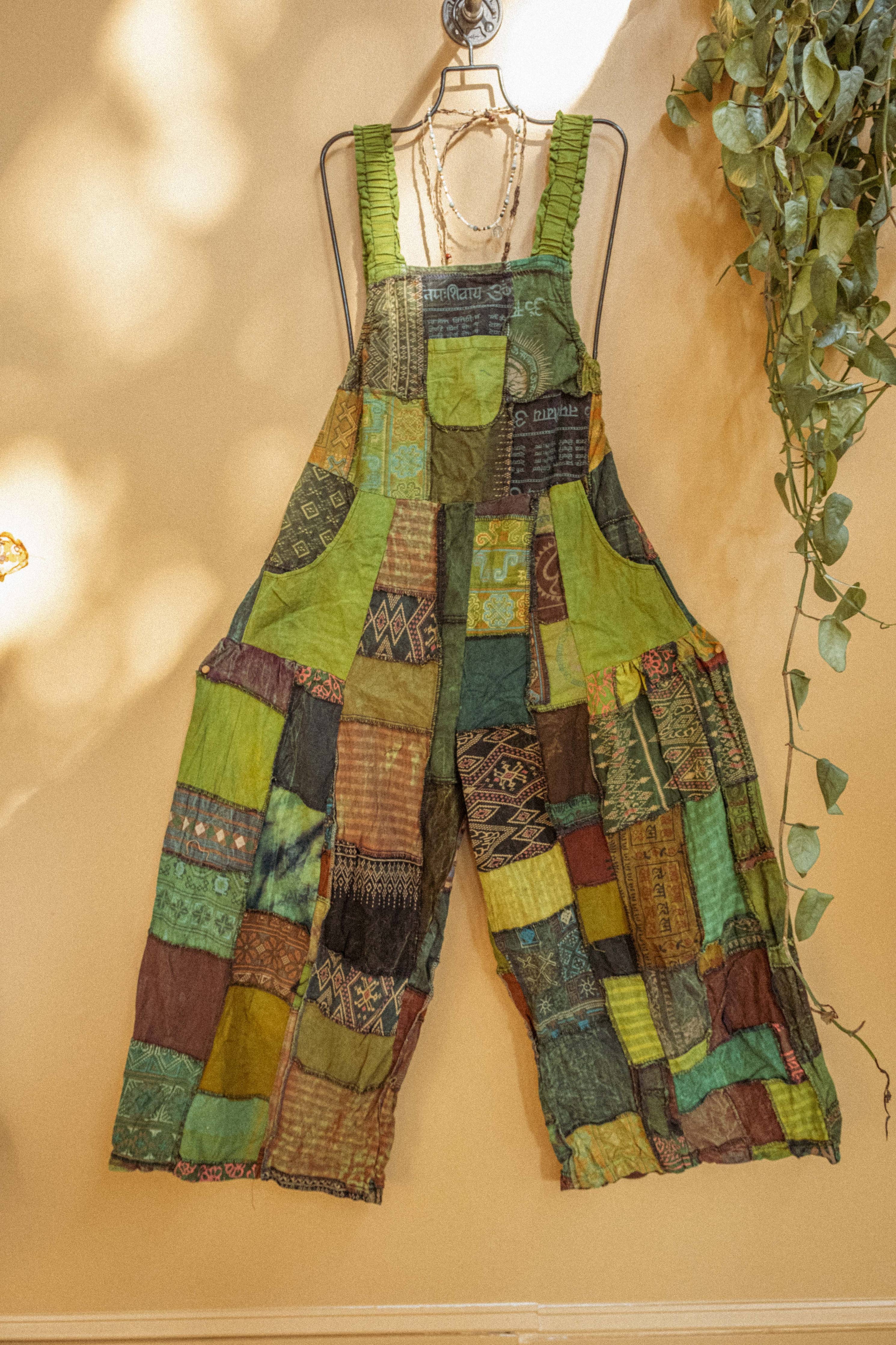 Hippie Bohemian Patchwork Overalls, Wide Leg Dungarees - The Elevated Hippie