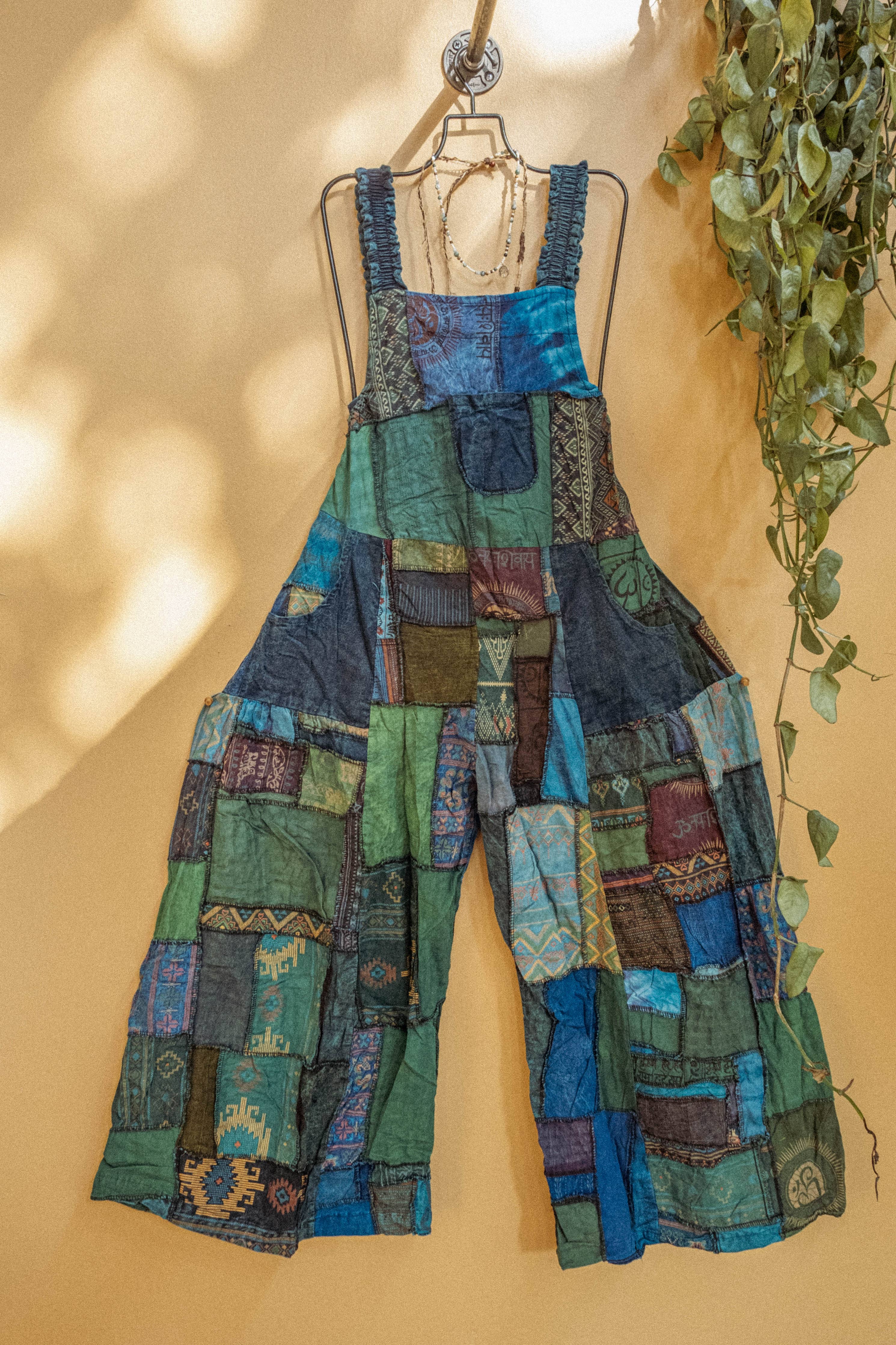 Hippie Bohemian Patchwork Overalls, Wide Leg Dungarees - The Elevated Hippie
