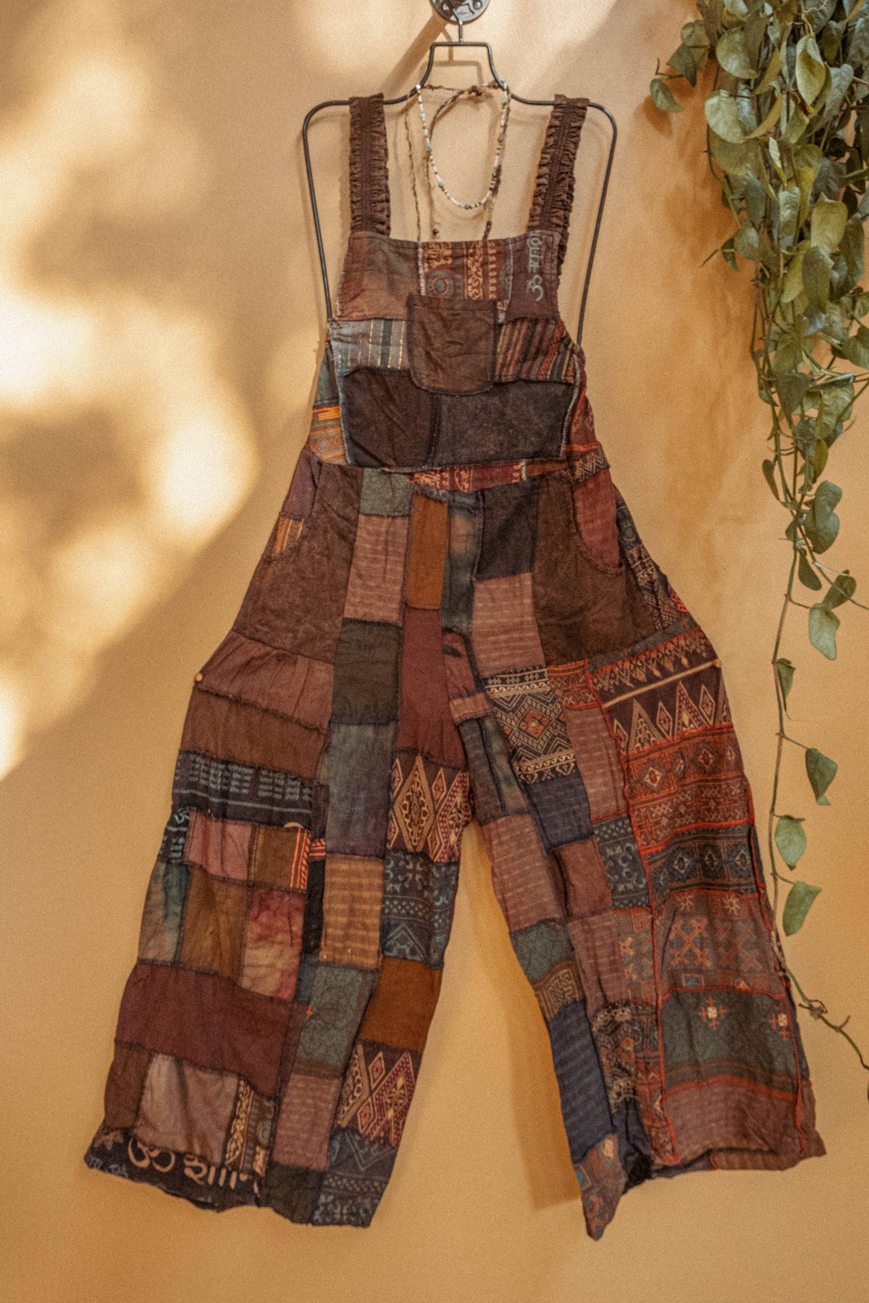 Hippie Bohemian Patchwork Overalls, Wide Leg Dungarees - The Elevated Hippie