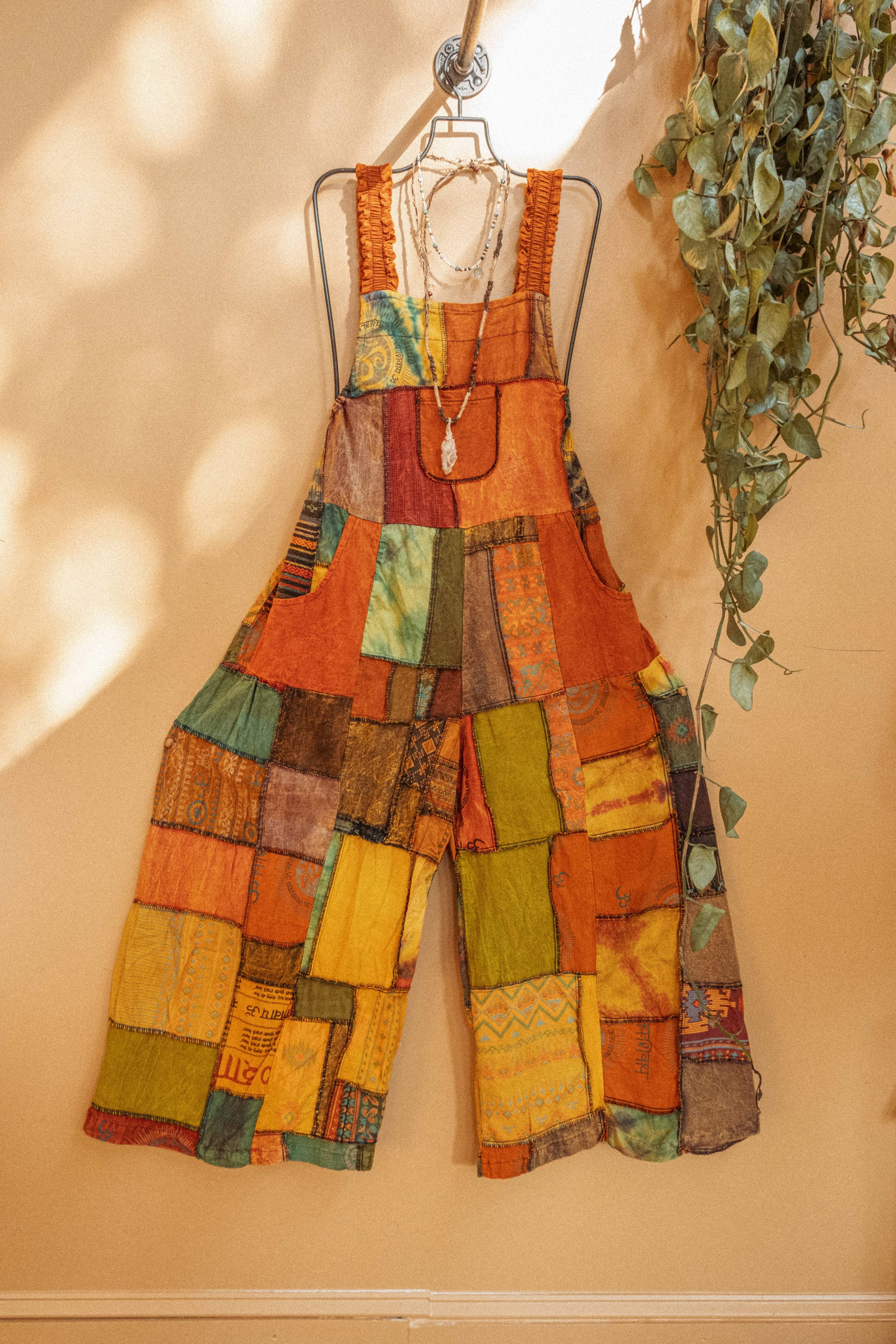 Hippie Bohemian Patchwork Overalls, Wide Leg Dungarees - The Elevated Hippie