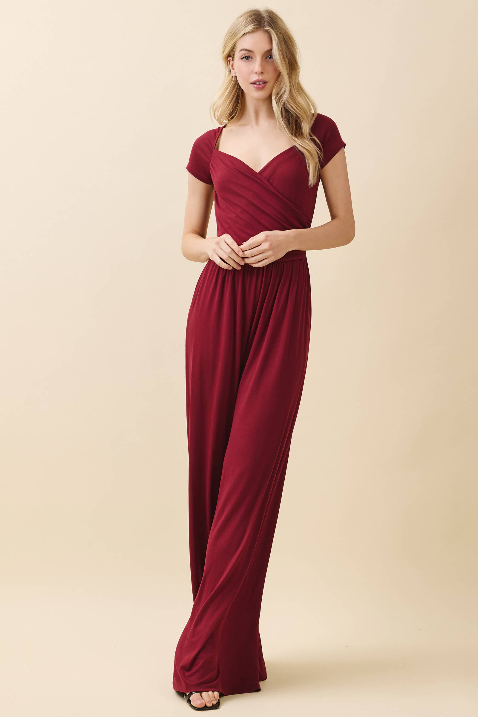 JR56657 - RUCHED SURPLICE PALAZZO JUMPSUIT - The Elevated Hippie