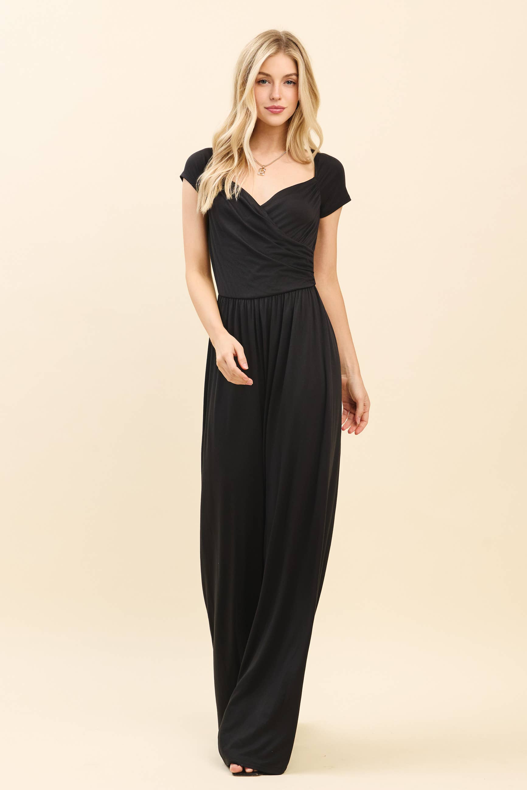 JR56657 - RUCHED SURPLICE PALAZZO JUMPSUIT - The Elevated Hippie