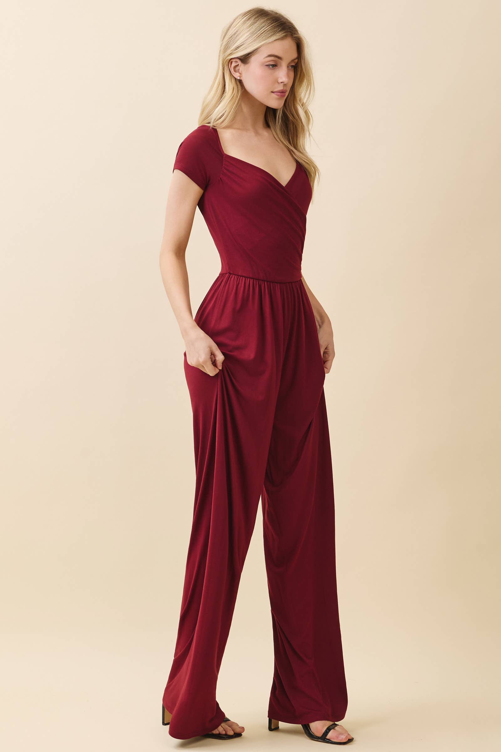 JR56657 - RUCHED SURPLICE PALAZZO JUMPSUIT - The Elevated Hippie