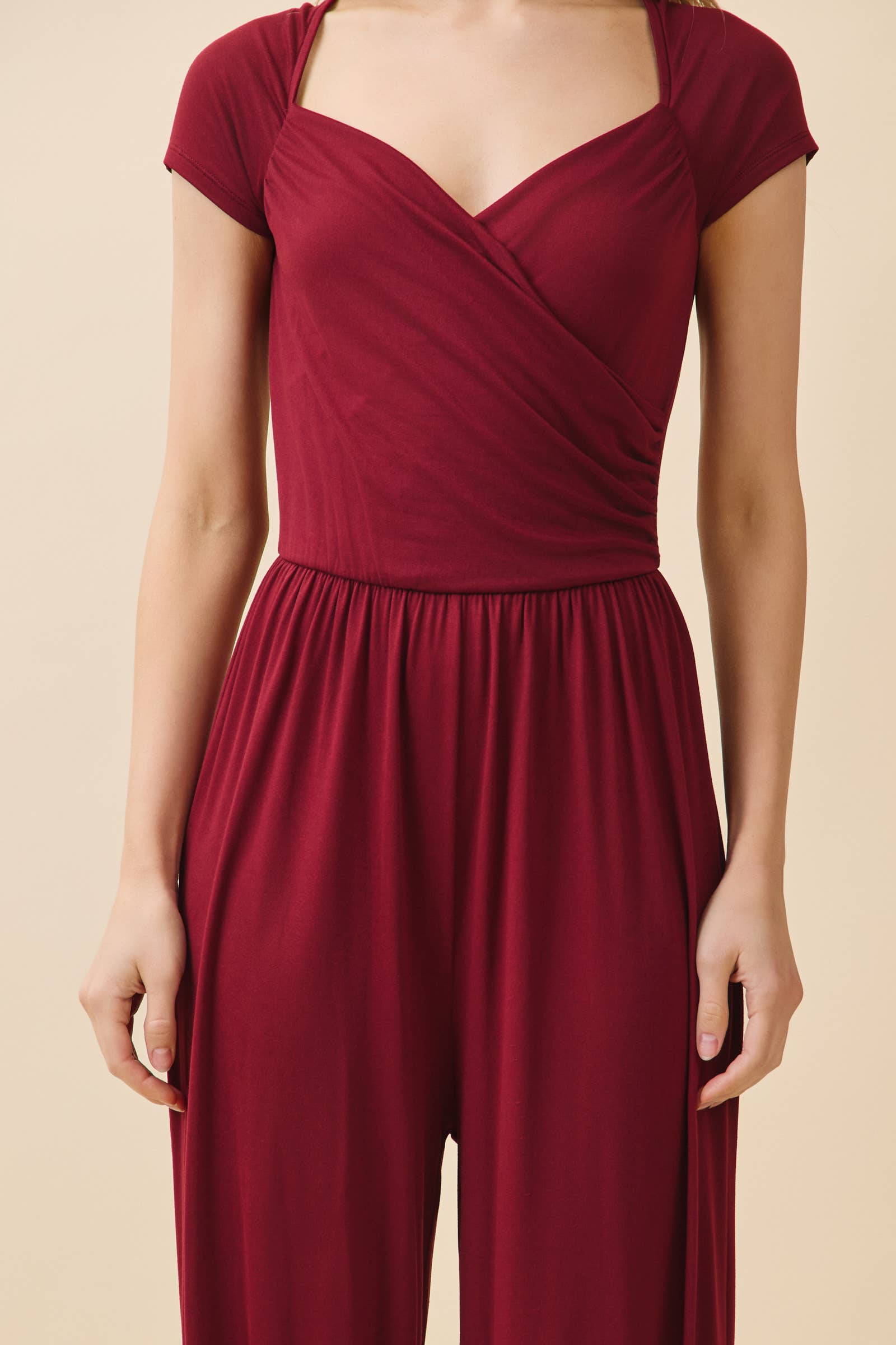 JR56657 - RUCHED SURPLICE PALAZZO JUMPSUIT - The Elevated Hippie