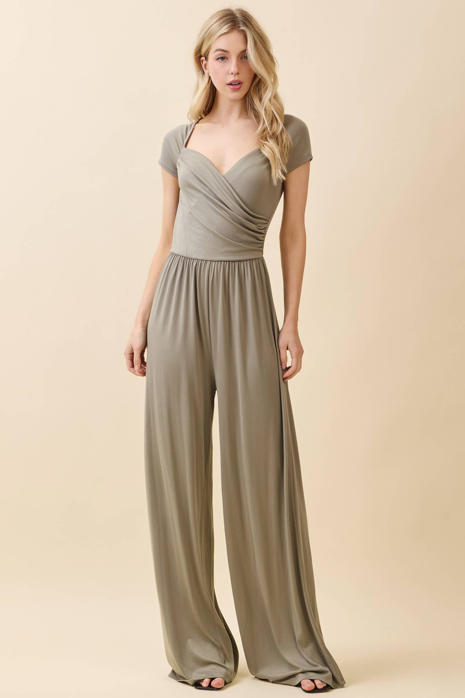 JR56657 - RUCHED SURPLICE PALAZZO JUMPSUIT - The Elevated Hippie