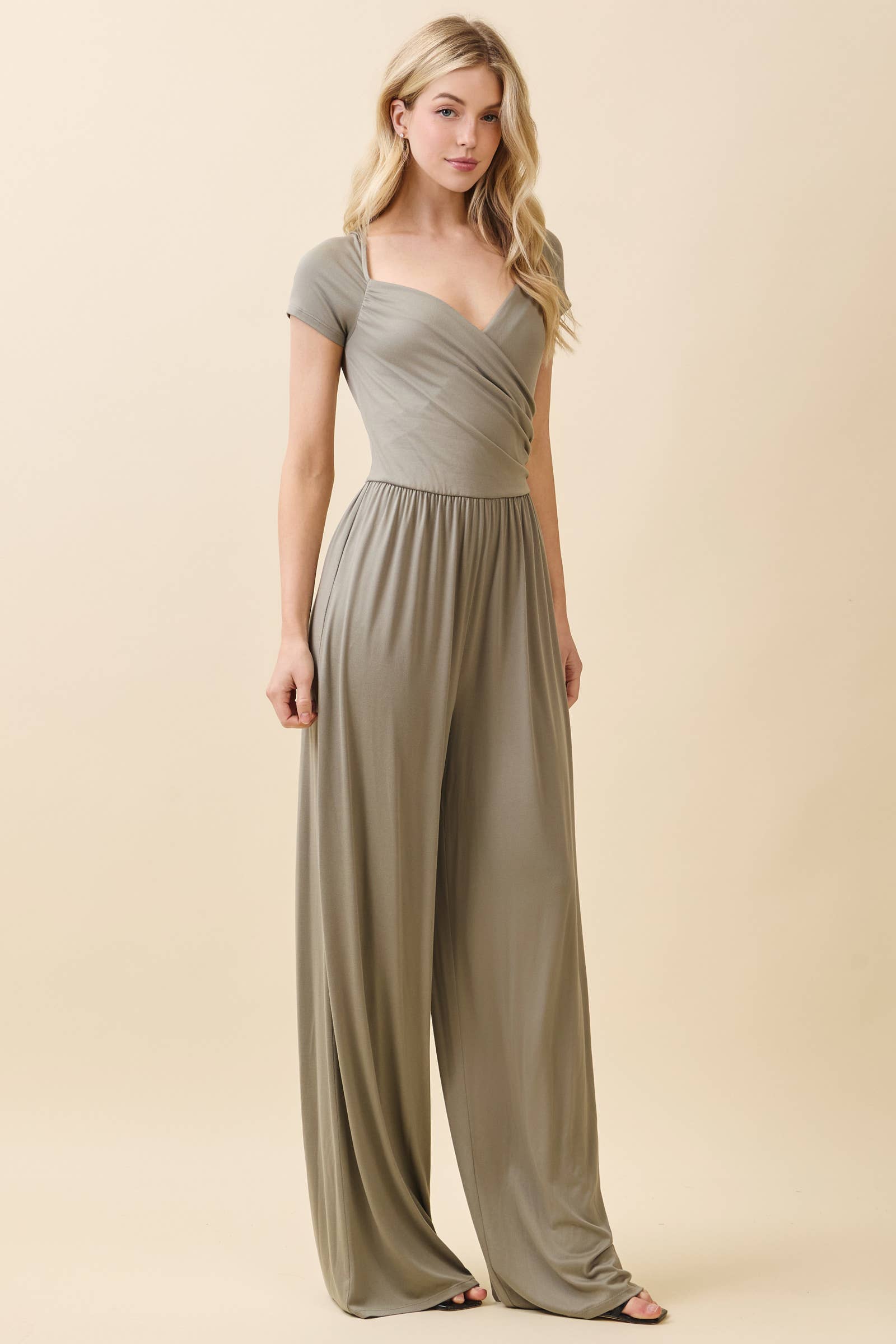 JR56657 - RUCHED SURPLICE PALAZZO JUMPSUIT - The Elevated Hippie