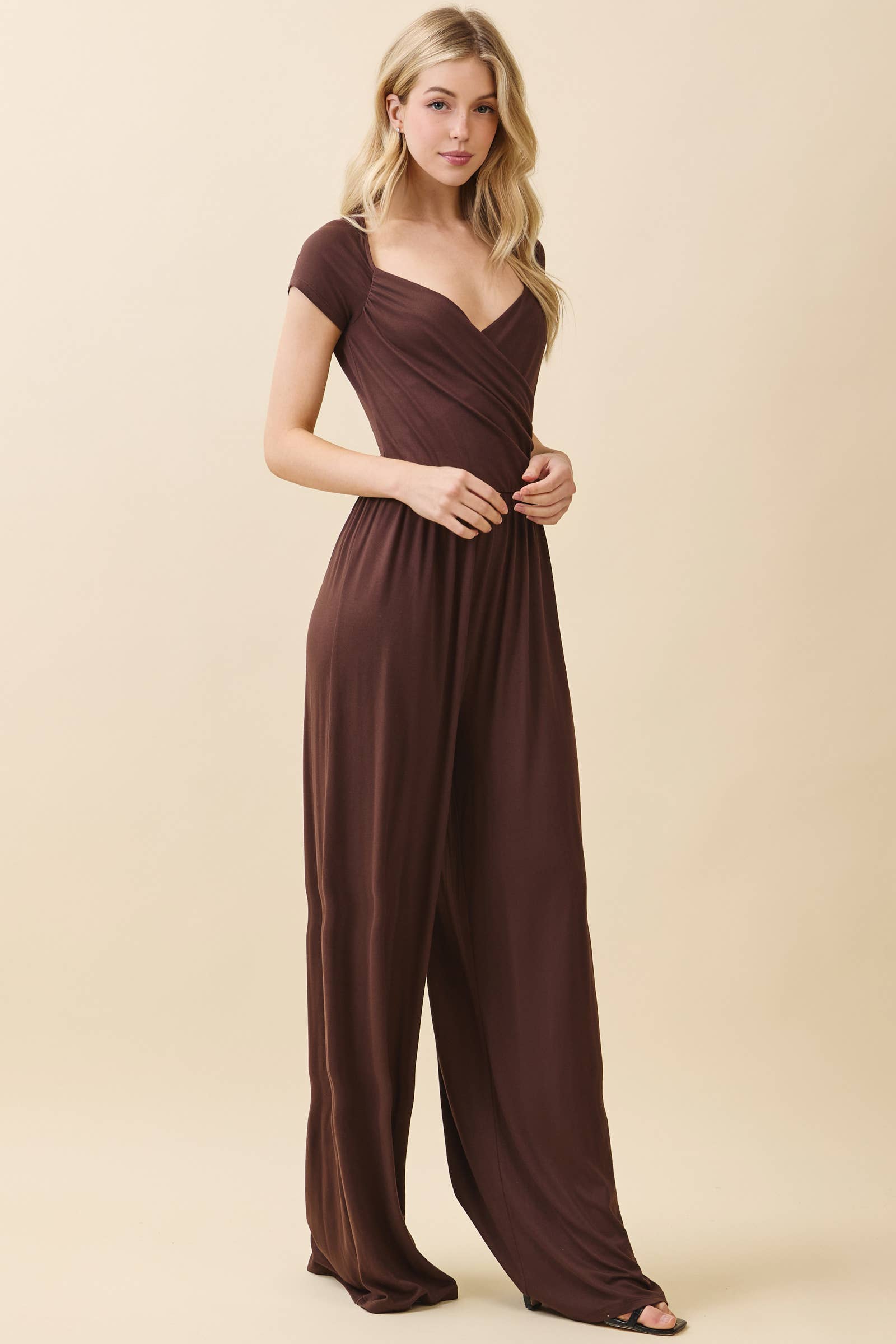 JR56657 - RUCHED SURPLICE PALAZZO JUMPSUIT - The Elevated Hippie